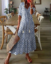 CATHY™ | Vintage Print V-Neck Maxi Dress