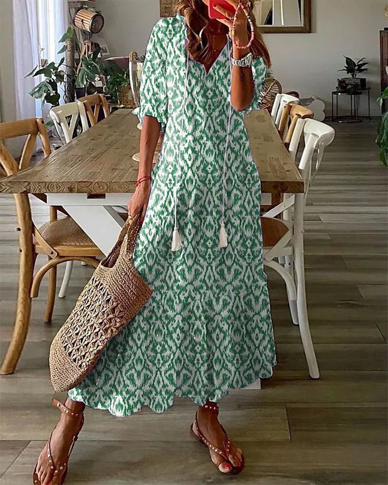 CATHY™ | Vintage Print V-Neck Maxi Dress