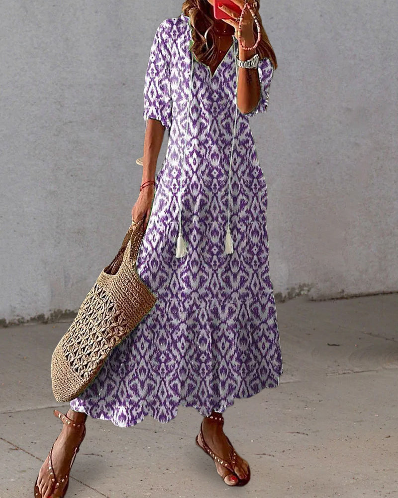 CATHY™ | Vintage Print V-Neck Maxi Dress