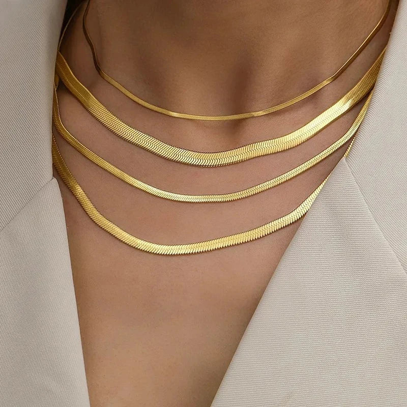 Gold & Silver Flat Snake Chain Necklace | Stainless Steel Herringbone Choker for Women