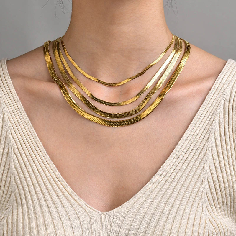 Gold & Silver Flat Snake Chain Necklace | Stainless Steel Herringbone Choker for Women