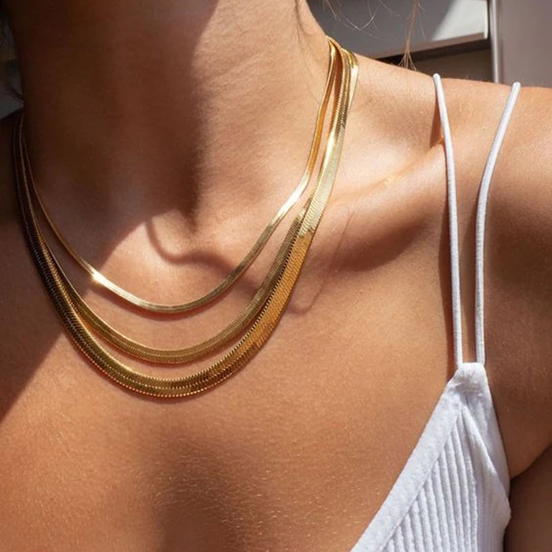 Gold & Silver Flat Snake Chain Necklace | Stainless Steel Herringbone Choker for Women
