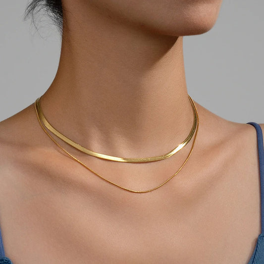 Gold & Silver Flat Snake Chain Necklace | Stainless Steel Herringbone Choker for Women