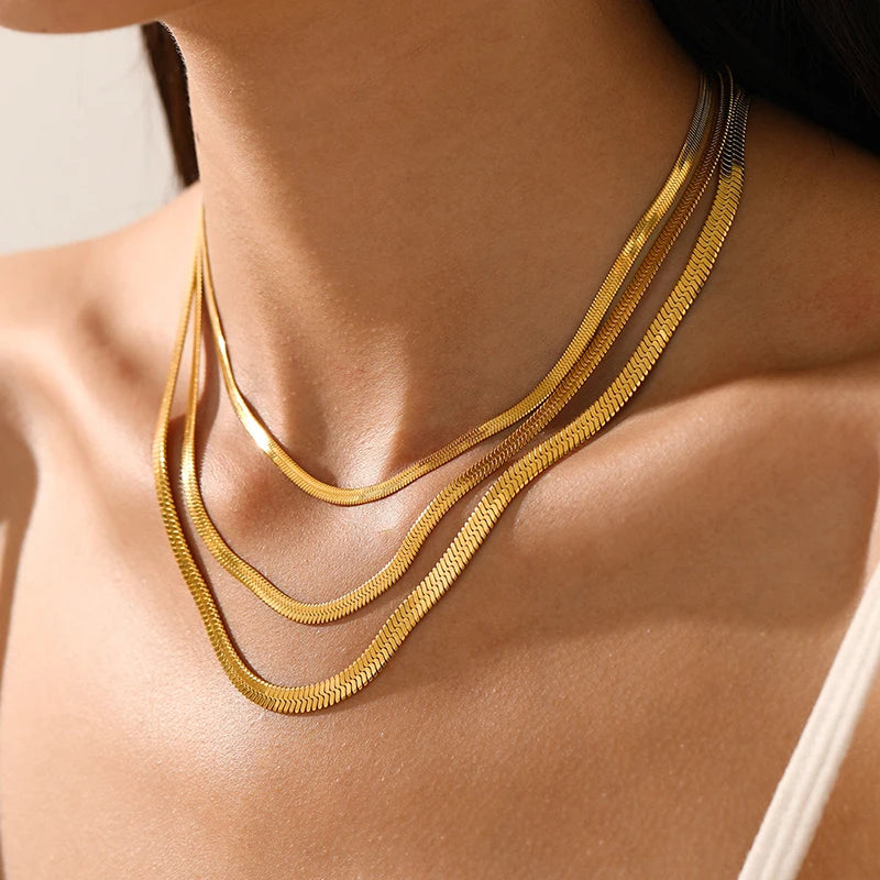 Gold & Silver Flat Snake Chain Necklace | Stainless Steel Herringbone Choker for Women