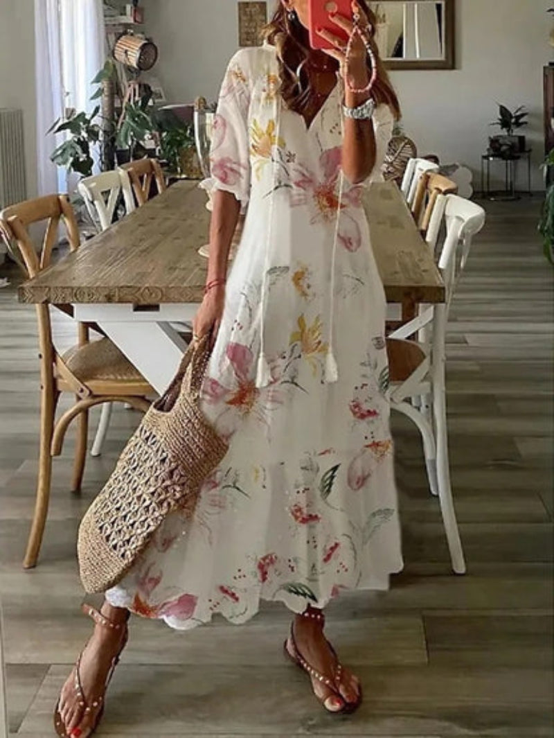 CATHY™ | Vintage Print V-Neck Maxi Dress
