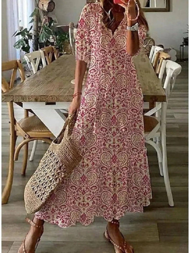 CATHY™ | Vintage Print V-Neck Maxi Dress