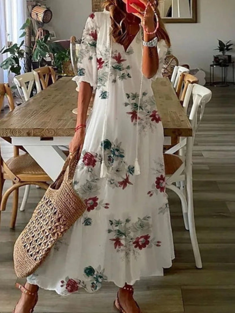CATHY™ | Vintage Print V-Neck Maxi Dress